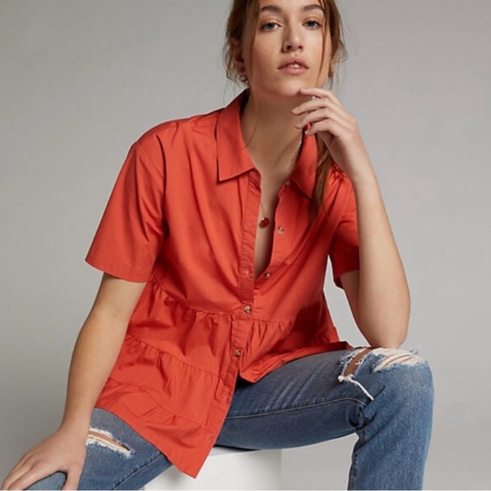 Porridge X Anthropologie Tiered Faye Tunic Blouse Mini Dress‎ Orange Size Large